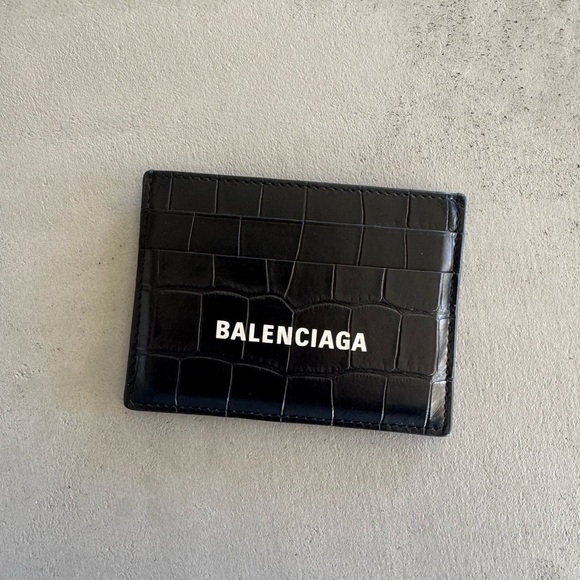 Balenciaga Logo Croc Embossed Leather Card Case Black